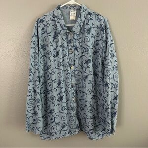 Vintage Marc Ware Blue Floral 100% Linen Button Front Oversized Shirt Size L Top